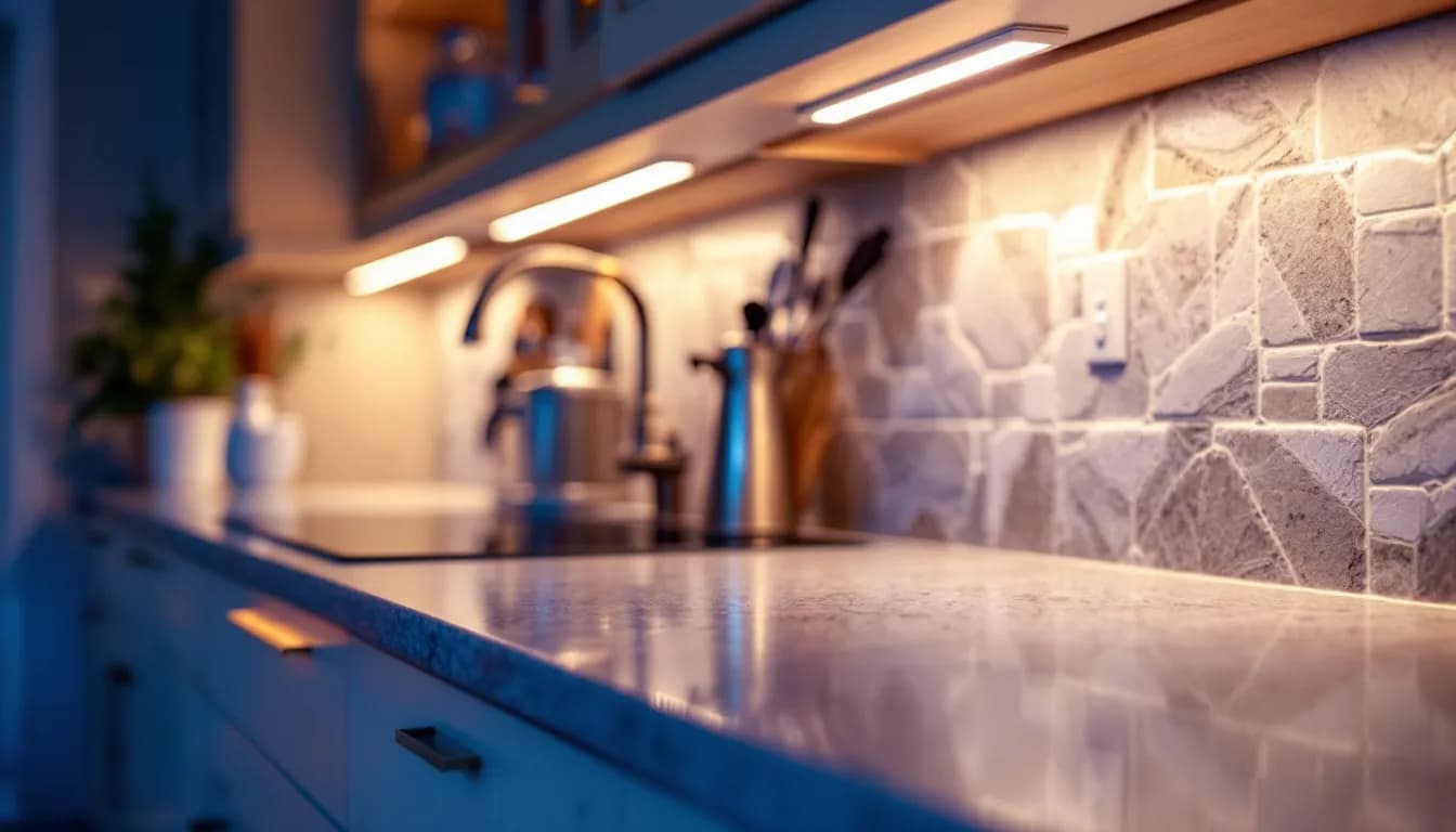 Éclairage LED sous meuble illuminant un plan de travail en pierre
