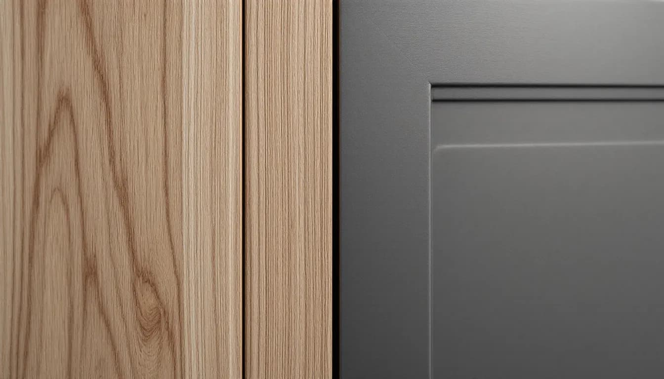 Échantillons de façades de cuisine en bois et en mélaminé côte à côte