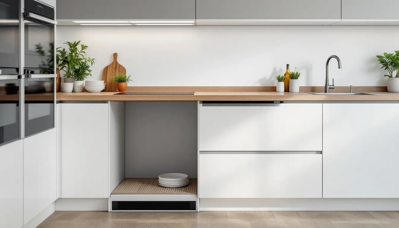Cuisine accessible avec plan abaissé et espace libre sous le plan de travail