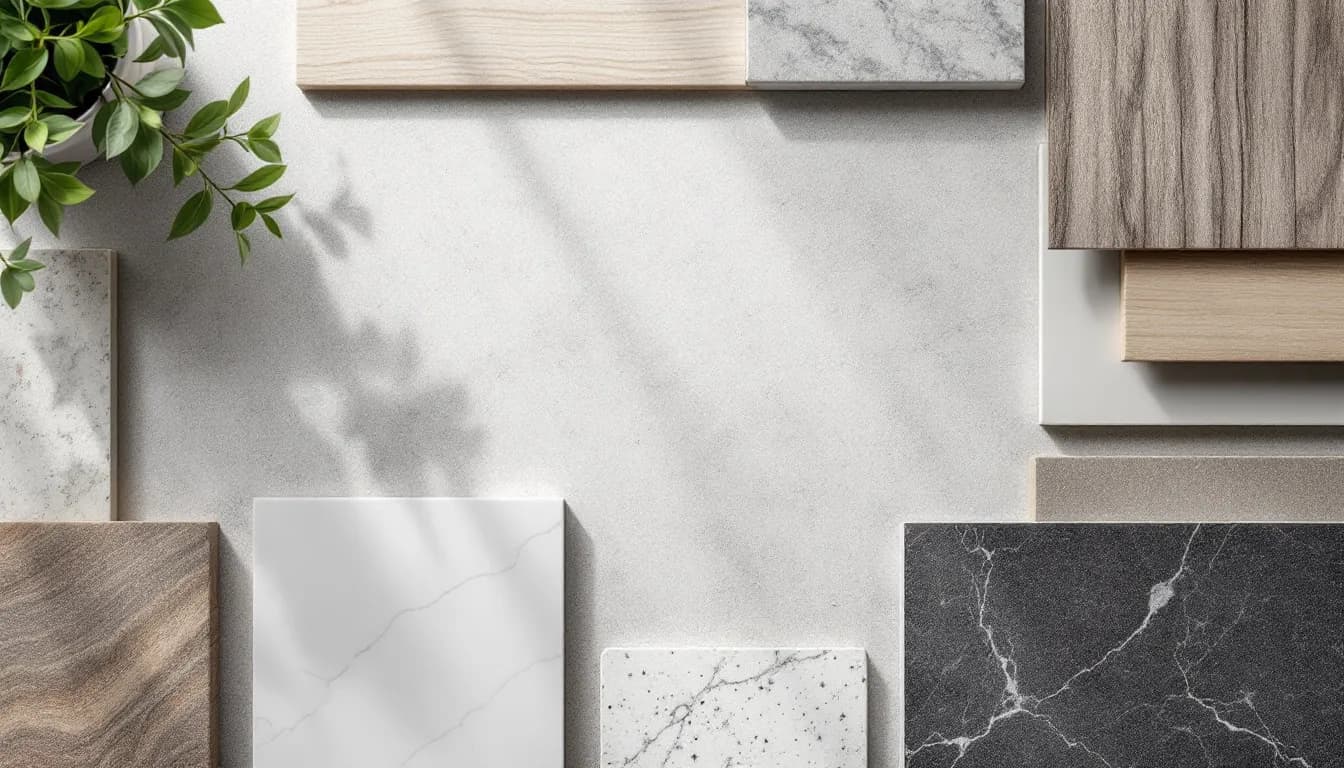 Échantillons de matériaux de cuisine, pierre, bois, quartz et céramique