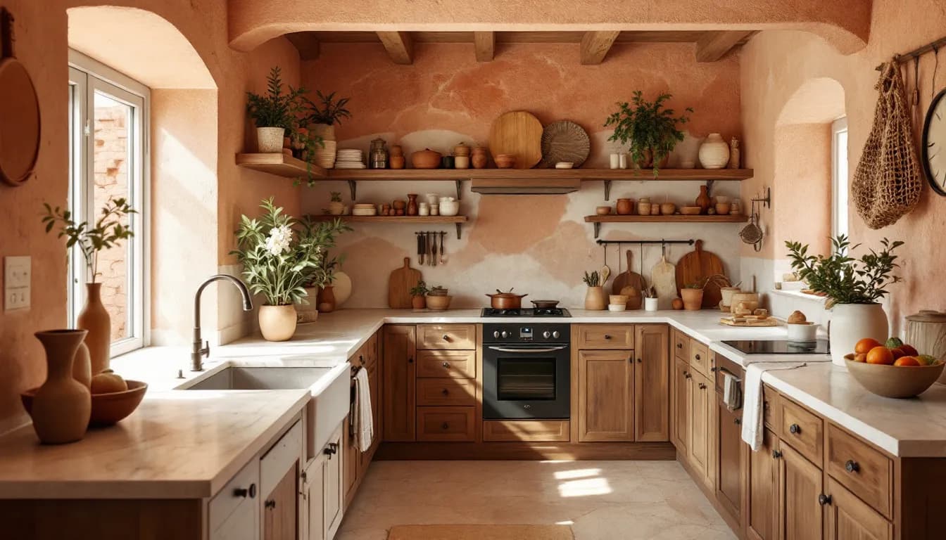 Cuisine de style méditerranéen aux tons terracotta et bois clair