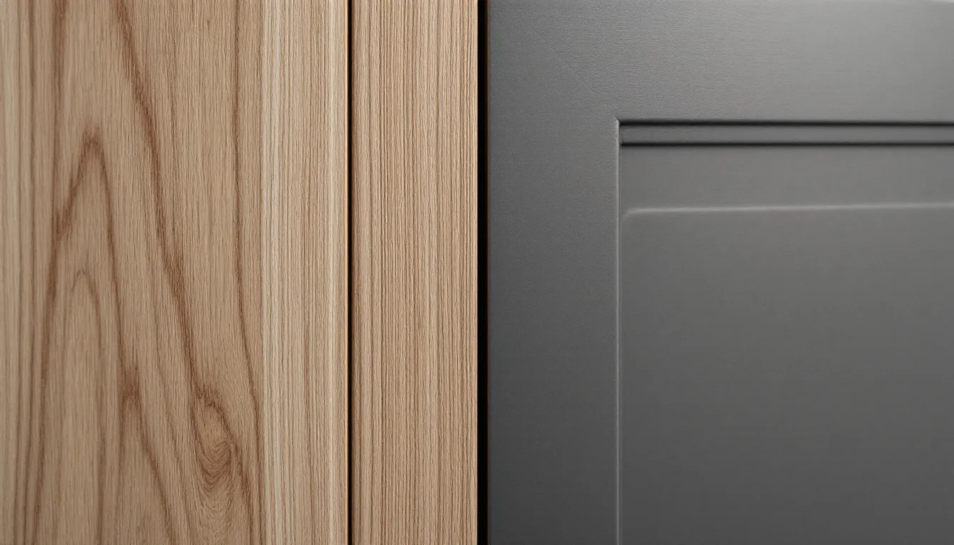 Échantillons de façades de cuisine en bois et en mélaminé côte à côte