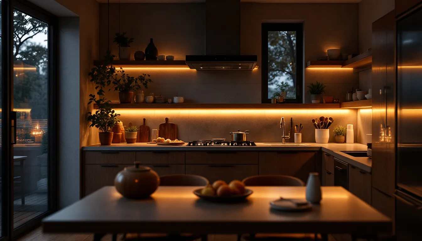Cuisine contemporaine en ambiance lumineuse tamisée