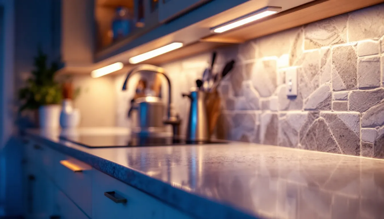 Éclairage LED sous meuble illuminant un plan de travail en pierre