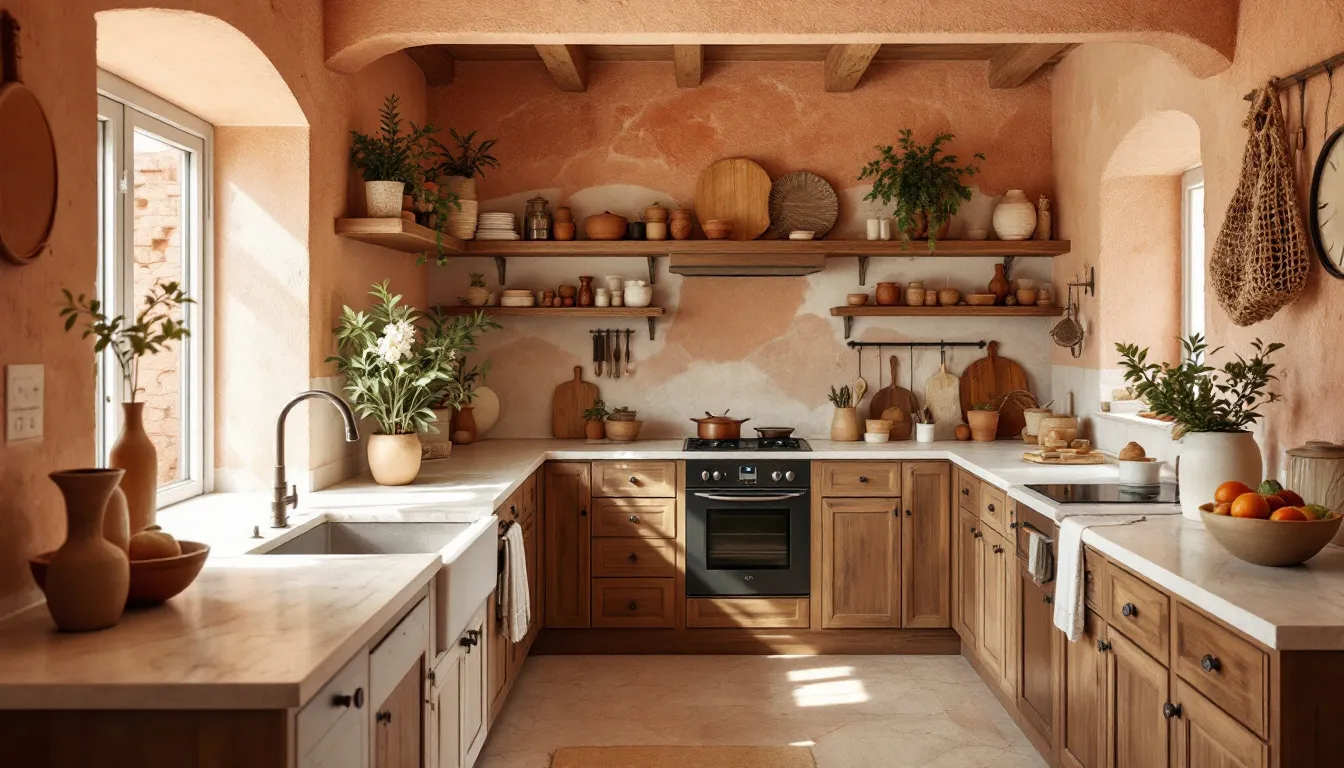 Cuisine de style méditerranéen aux tons terracotta et bois clair