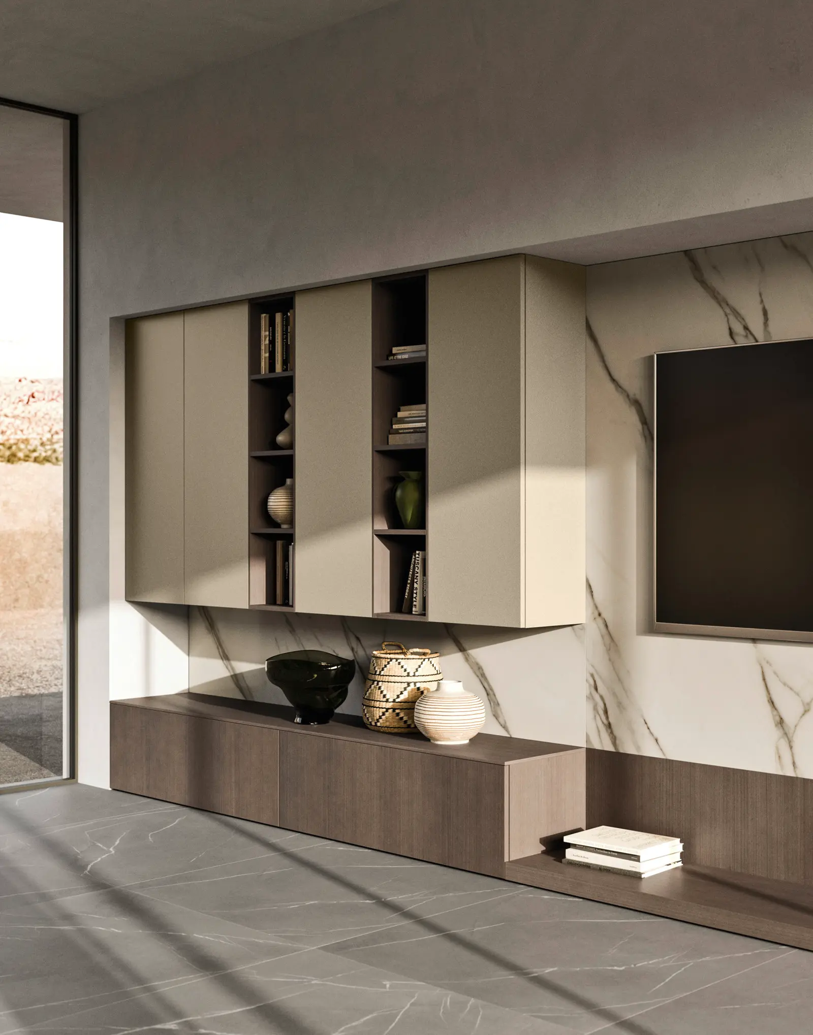 Paroi équipée Modula avec vitrines et boiseries